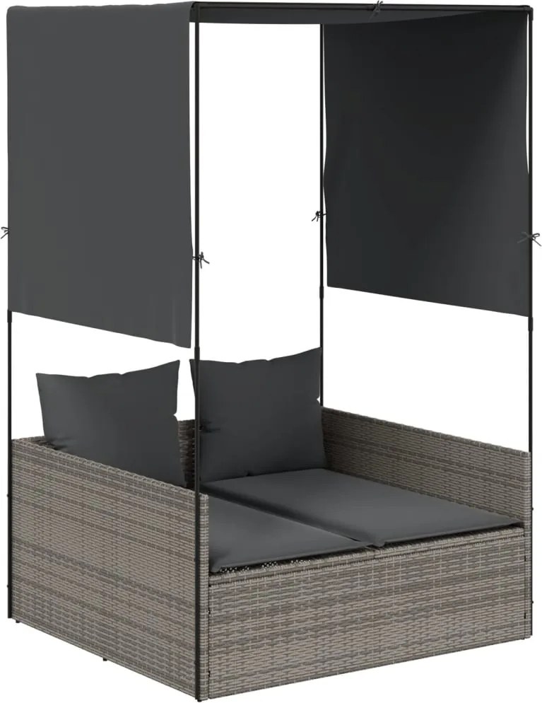 vidaXL Șezlong de plajă dublu cu acoperiș și perdele, gri, poliratan