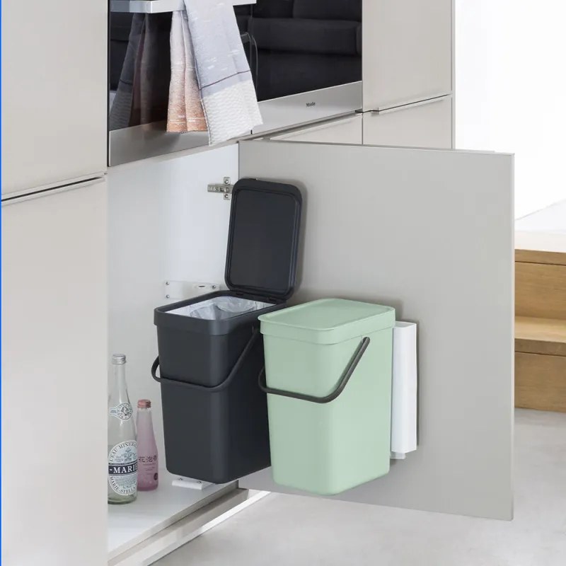 Set 2 cosuri de gunoi colectare selectiva Brabantia Sort&Go 1005513, 2x12 L, Montare pe usa dulapului, Gri/Verde