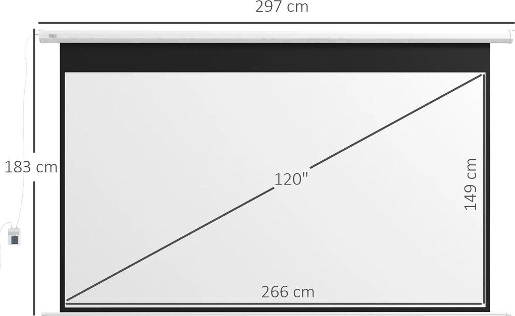 HOMCOM Ecran Proiector 120", Motorizat cu Telecomandă, Montaj pe Perete sau Tavan, Ideal pentru Acasă și Birou, 293,5x8x176 cm, Alb | Aosom Romania