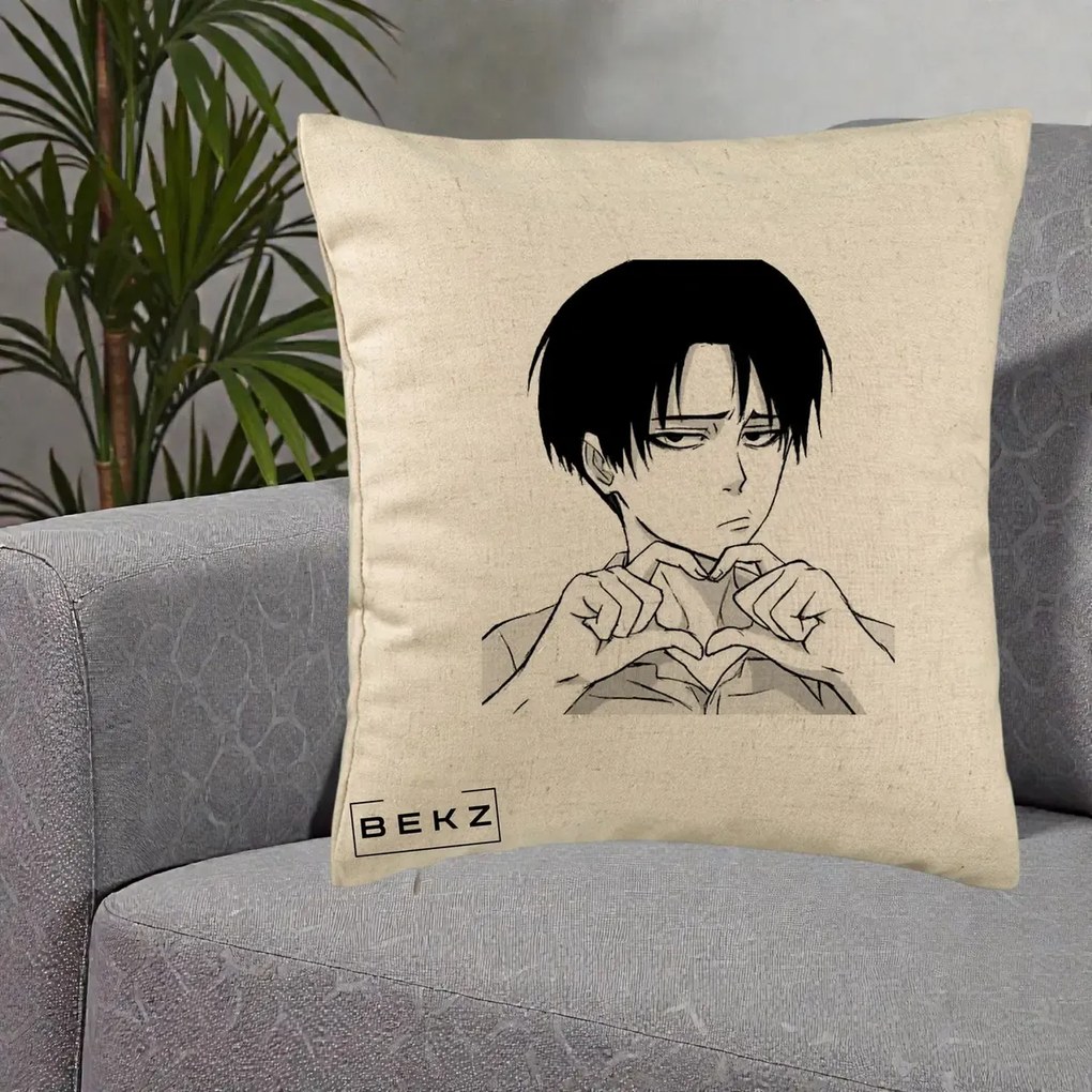 Perna Personalizata Levi Ackerman Inima, 40x40 cm, Bej, Husa Detasabila, Perna Inclusa, BEKZ®
