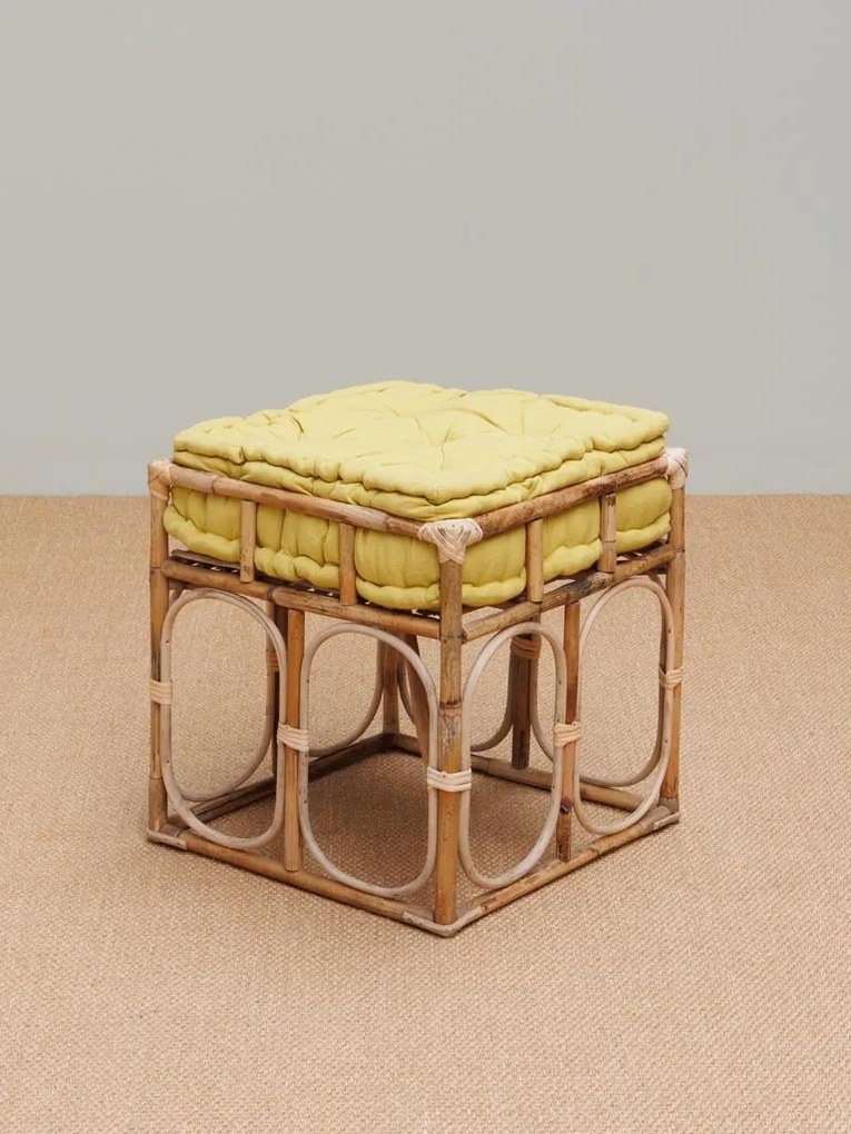 Taburet galben, din rattan si bumbac, India