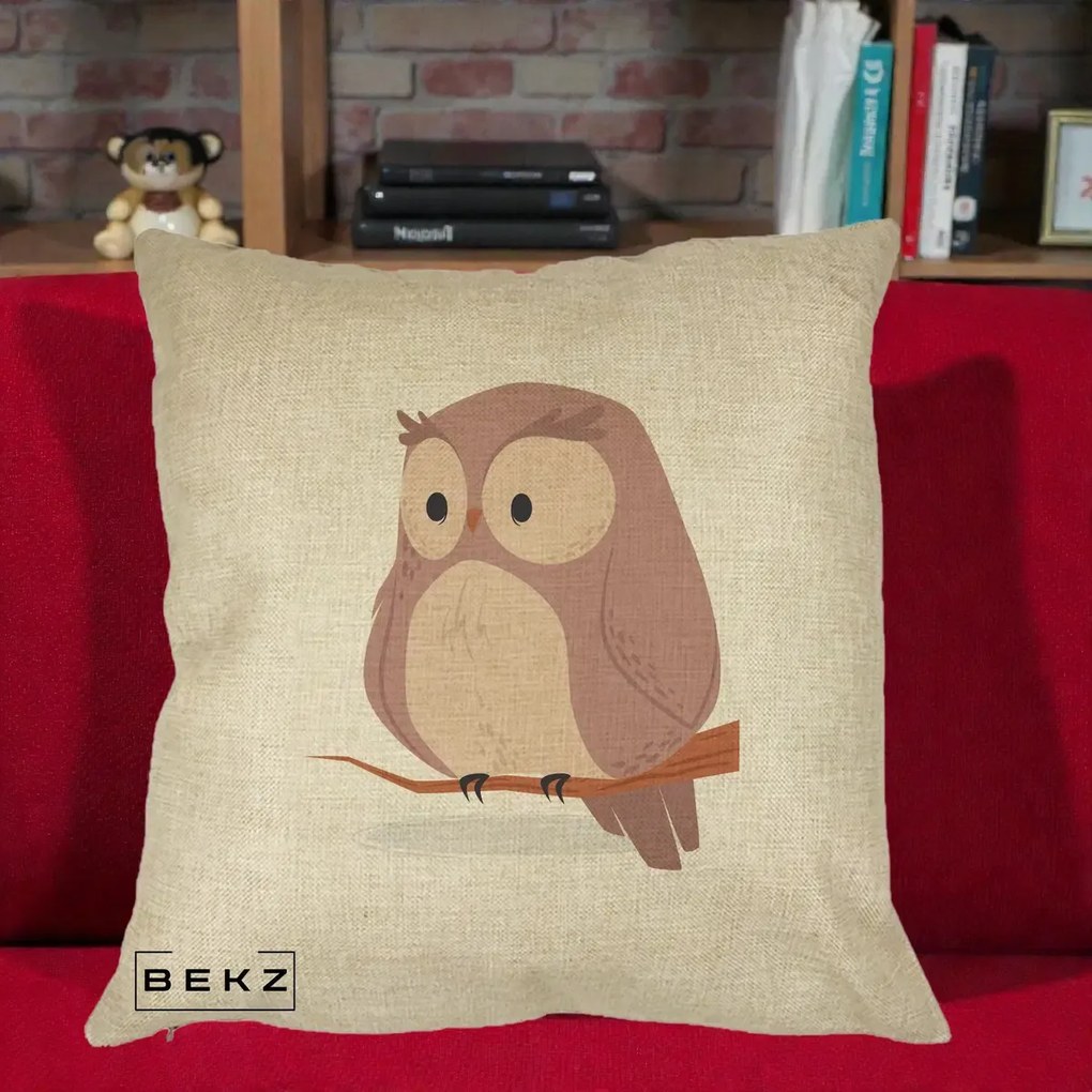 Perna Decorativa Bufnita Kawaii pe Creanga, 40x40 cm, Crem, Husa Detasabila, Perna Inclusa, BEKZ®