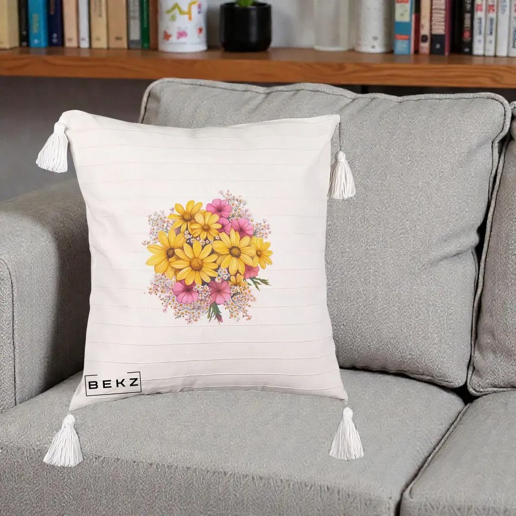 Perna Decorativa Floarea-Soarelui cu Cosmos Roz si Gypsophila, 40x40 cm, Bej cu Franjuri, Husa Detasabila, Perna Inclusa, BEKZ®