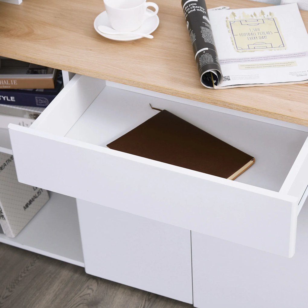 HOMCOM Birou cu Blat Extensibil pentru PC și Bibliotecă, 140x117x76 cm, Alb | Aosom Romania