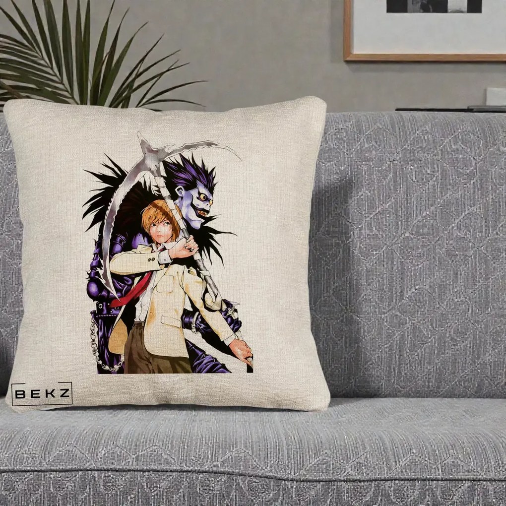 Perna Personalizata Death Note Light si Ryuk Duo, 40x40 cm, Bej Canapea, Husa Detasabila, Perna Inclusa, BEKZ®