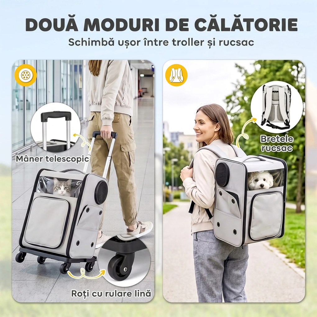 PawHut Transportor pentru Câini Și Pisici cu Roți, Mâner Telescopic, 2 Ferestre din Plasă, până la 5 kg, Gri | Aosom Romania