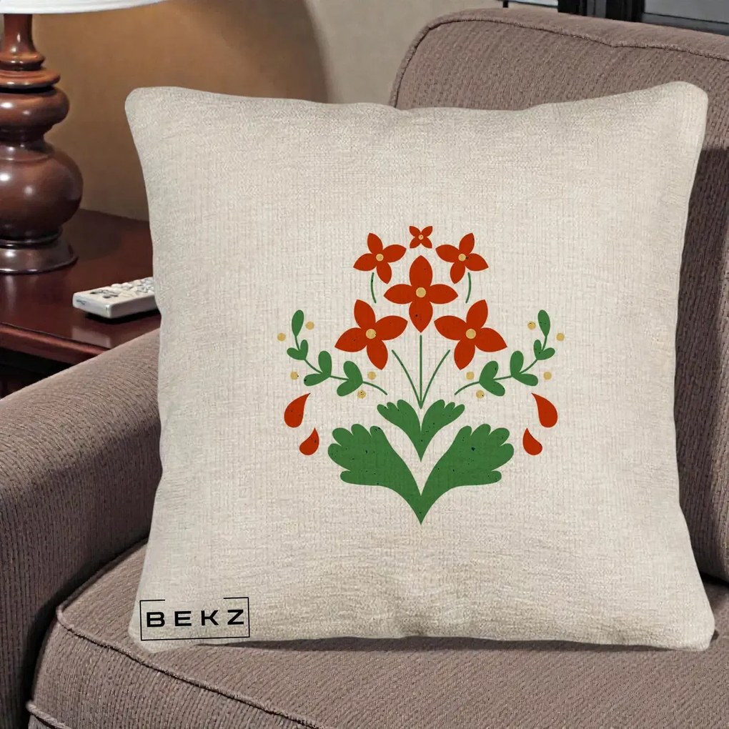 Perna Decorativa Buchet Floral Folk Rosu-Verde, 40x40 cm, Bej Canapea, Husa Detasabila, Perna Inclusa, BEKZ®