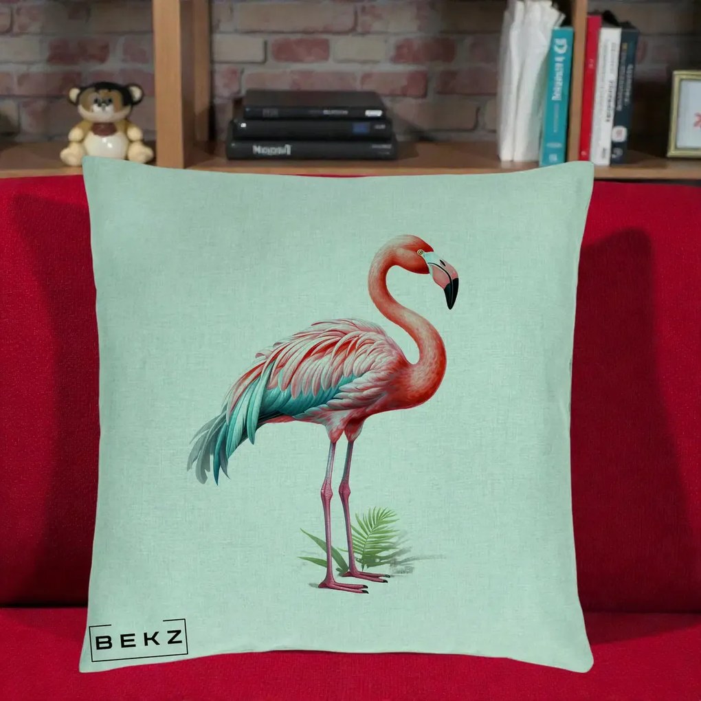 Perna Decorativa Flamingo Roz cu Pene Teal, 40x40 cm, Verde Menta, Husa Detasabila, Perna Inclusa, BEKZ®