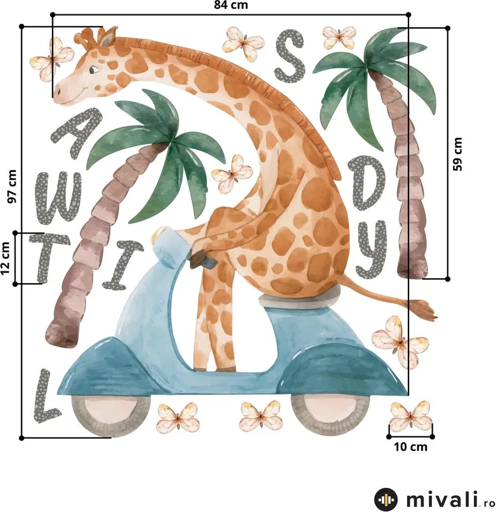 Autocolante de perete - Girafa pe moped