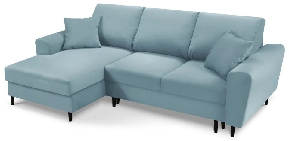 Colțar albastru deschis extensibil, cu spațiu de depozitare cu tapițerie din catifea reiată (cu colț pe partea stângă, cu șezlong) Kyoto – Cosmopolitan Design