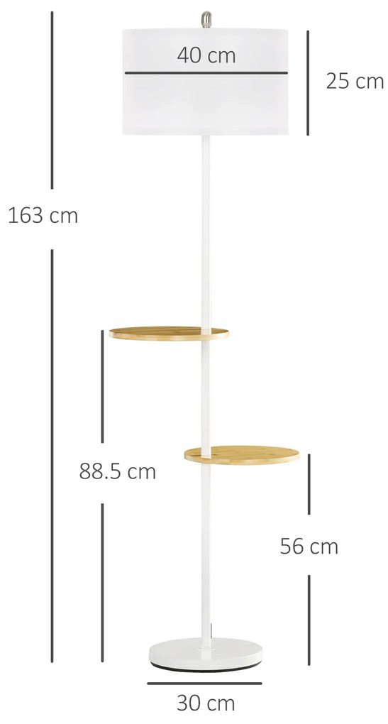 HOMCOM Lampa de podea cu 2 rafturi, Lampa de podea din metal si lemn cu abajur din material, Ø40x163cm, alb | AOSOM RO
