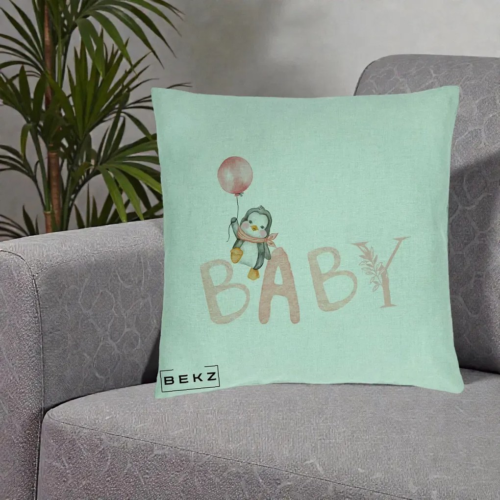 Perna Personalizata Baby Pinguin Roz, 40x40 cm, Verde Menta, Husa Detasabila, Perna Inclusa, BEKZ®