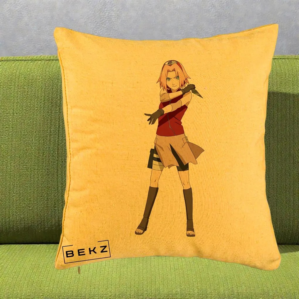 Perna Personalizata Naruto Sakura Haruno Portret, 40x40 cm, Galben, Husa Detasabila, Perna Inclusa, BEKZ®