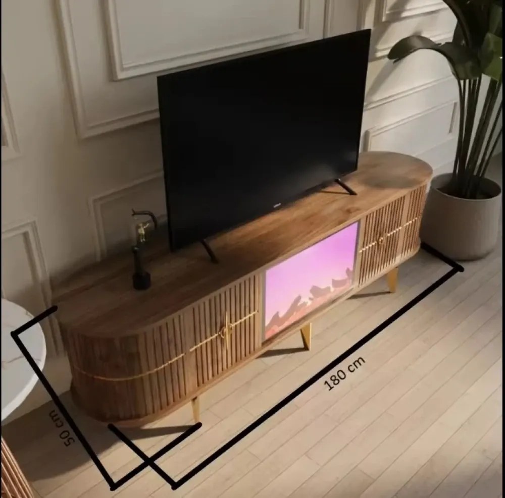 RESIGILAT- Comoda TV cu șemineu electric și riflaje, boxe Bluethooth, telecomandă, Lemn/Auriu, 180x40x50cm