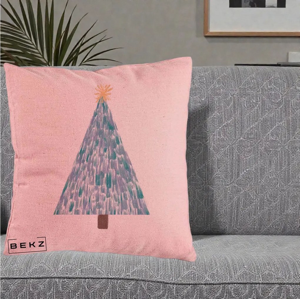 Perna Decorativa Brad de Craciun Acrilic Albastru, 40x40 cm, Roz, Husa Detasabila, Perna Inclusa, BEKZ®