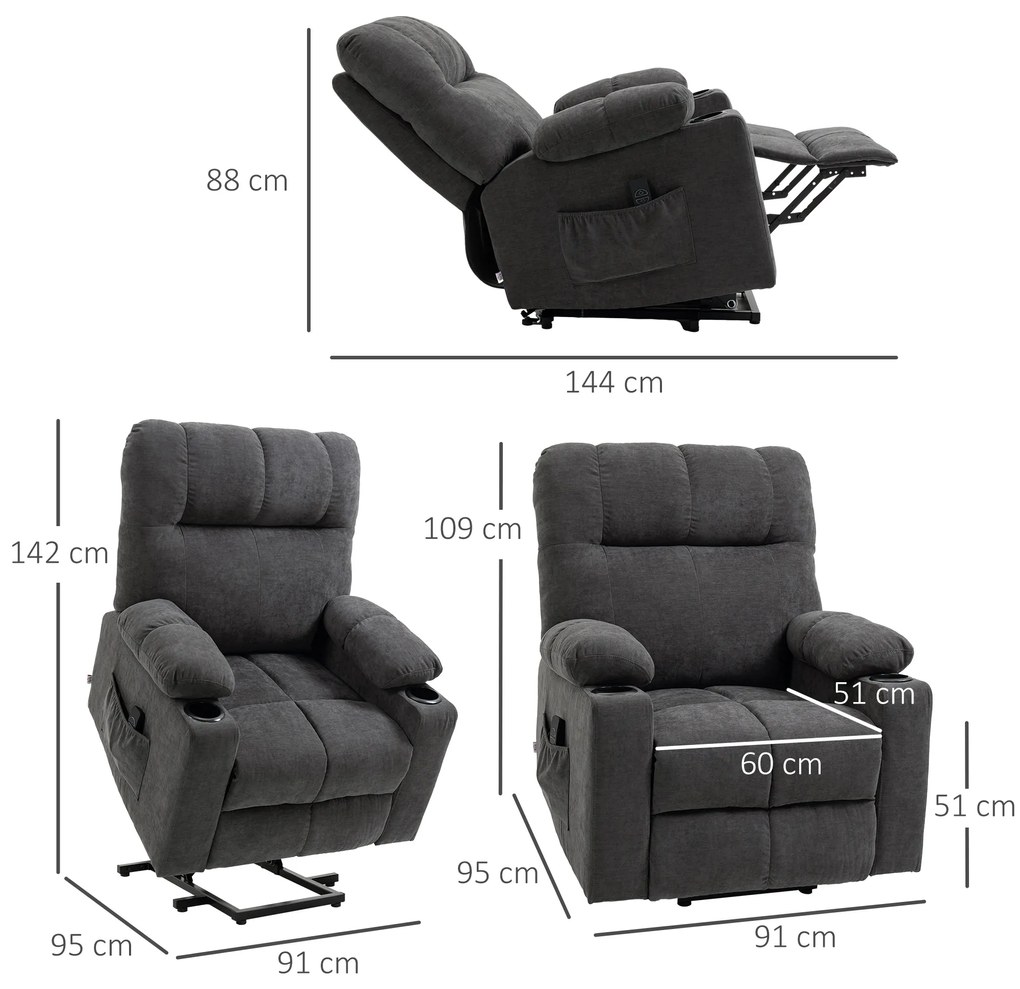 HOMCOM Fotoliu pentru seniori cu funcție de ridicare, funcție de culcare, inclusiv telecomandă, 144 cm x 91 cm x 88 cm, Gri închis | Aosom Romania