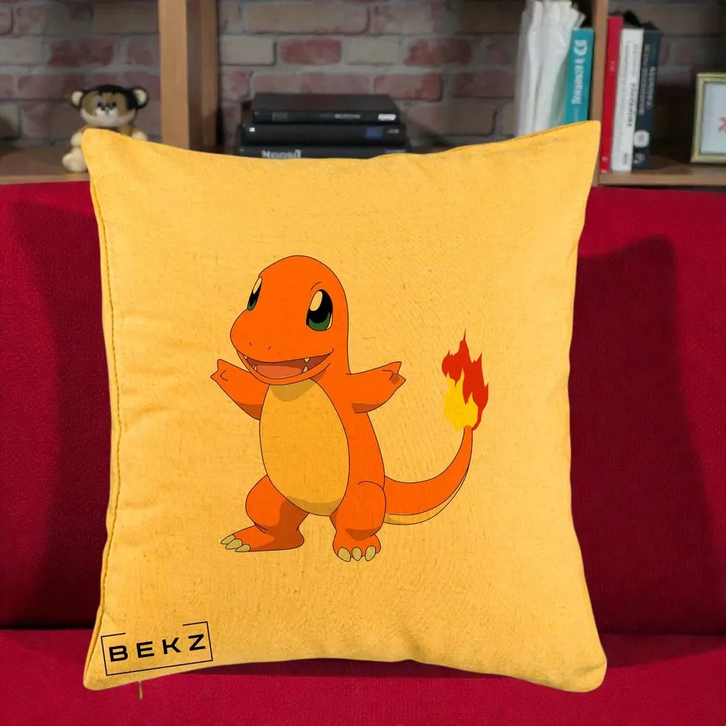 Perna Personalizata Charmander Pokemon, 40x40 cm, Galben, Husa Detasabila, Perna Inclusa, BEKZ®