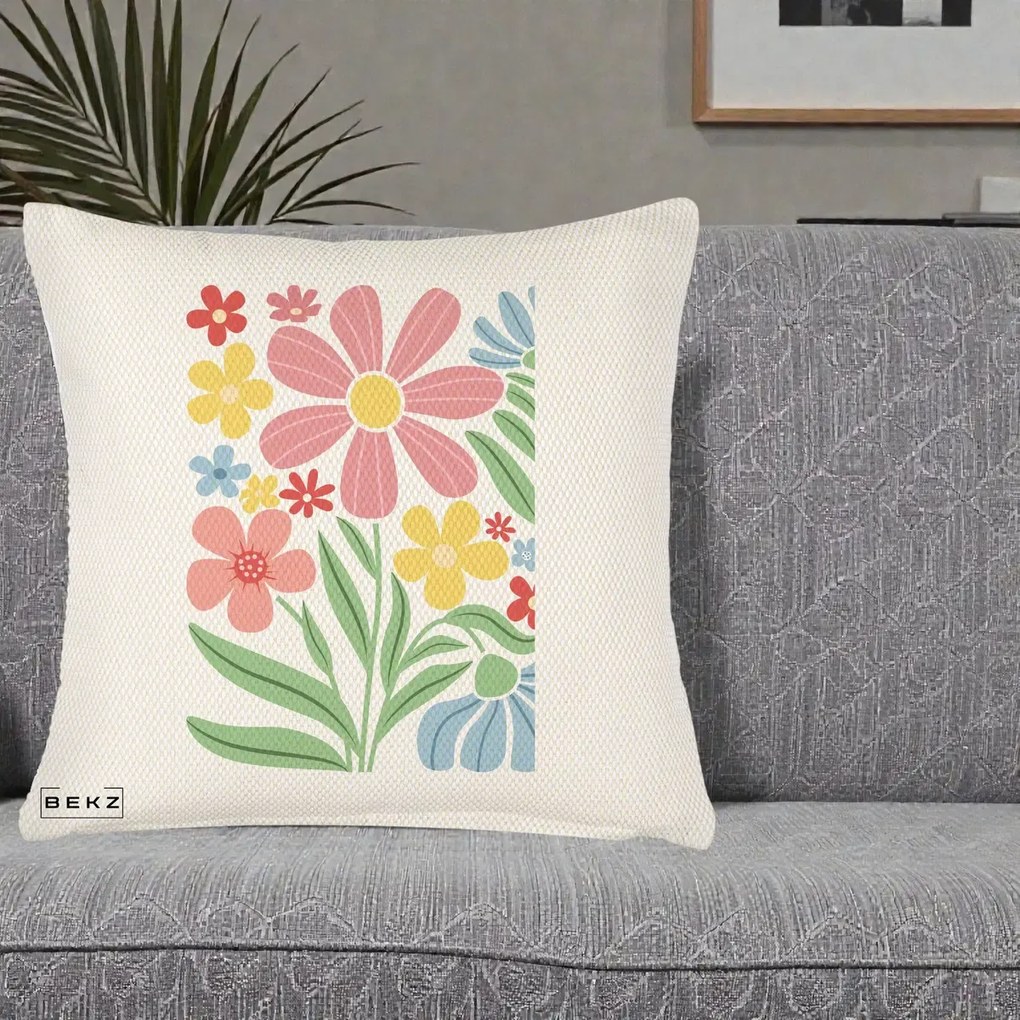 Perna Decorativa Flori Grafice Roz Pastel, 40x40 cm, Crem Reliefat, Husa Detasabila, Perna Inclusa, BEKZ®