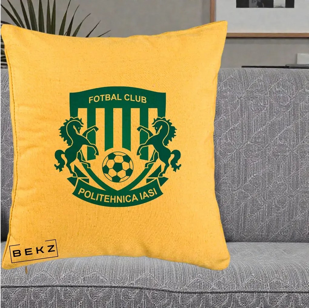 Perna Personalizata FC Politehnica Iasi Fotbal, 40x40 cm, Galben, Husa Detasabila, Perna Inclusa, BEKZ®