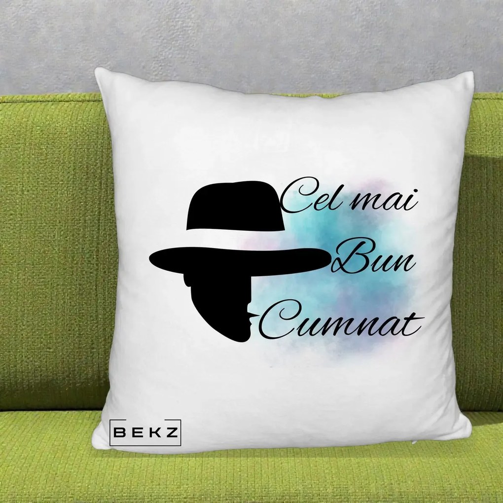 Cadou pentru Cumnat - Perna Personalizata Cel mai Bun Cumnat cu Silueta Palarie si Pete Teal-Roz, 40x40 cm, Alb Pufos, Husa Detasabila, Perna Inclusa, BEKZ®