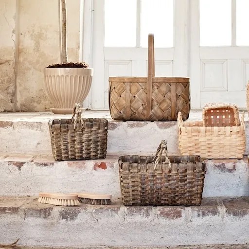 Coș de picnic din lemn gri, împletit manual, cu mânere, 27 × 37.5 × 27 cm, „Kerstin"