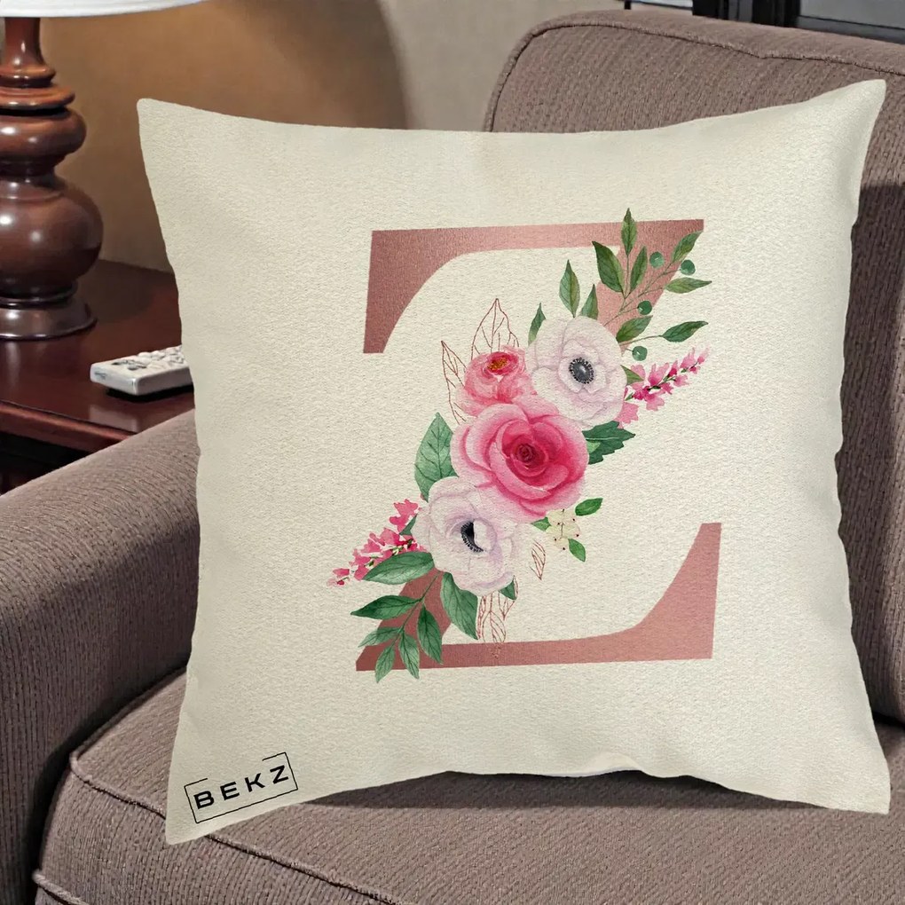 Cadou Personalizat - Perna Personalizata Monograma Rose Gold Litera Z, 40x40 cm, Ecru, Husa Detasabila, Perna Inclusa, BEKZ®
