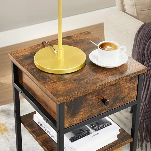 Masuta Inalta Cu Sertar Si 2 Rafturi De Depozitare, Maro Rustic Si Negru, 35 Cm
