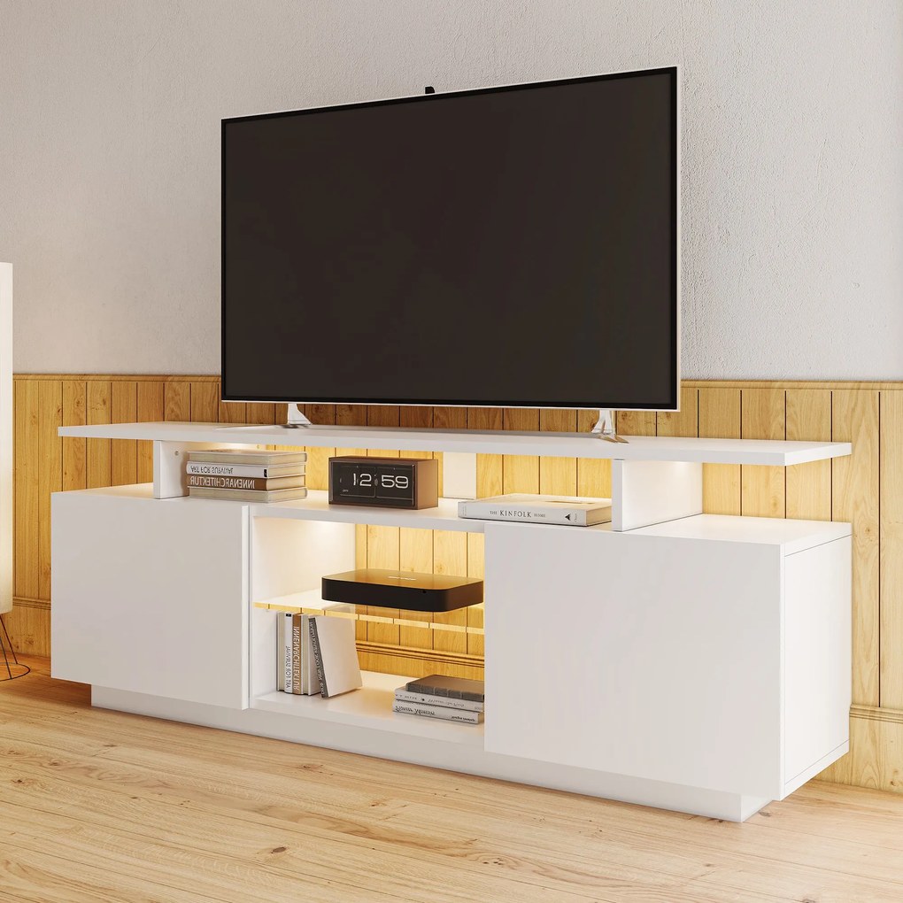 Modernă comodă TV cu iluminare LED în 16 culori, panou frontal lucios, raft de sticlă, 140×35×61 cm, Alb