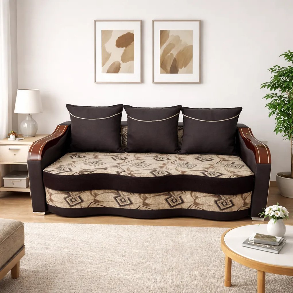Canapea DIANA extensibila, 3 locuri, cu lada de depozitare, stofa gri cu negru , 220x100x80 Maro + Bej