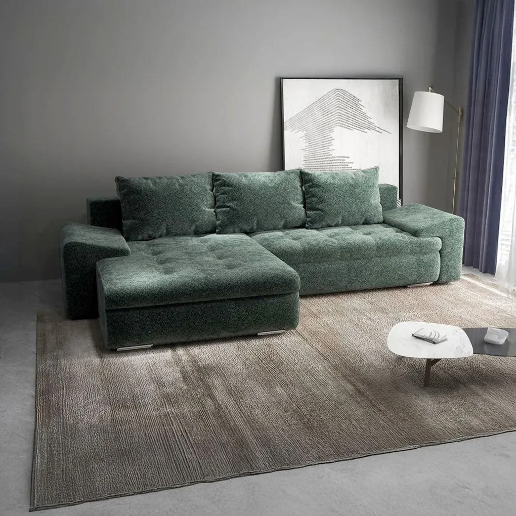 Colțar extensibil dumonde cu ladă de depozitare si sezut confortabil din spuma high-density, Leonardo Euphoria Verde 260x185 cm