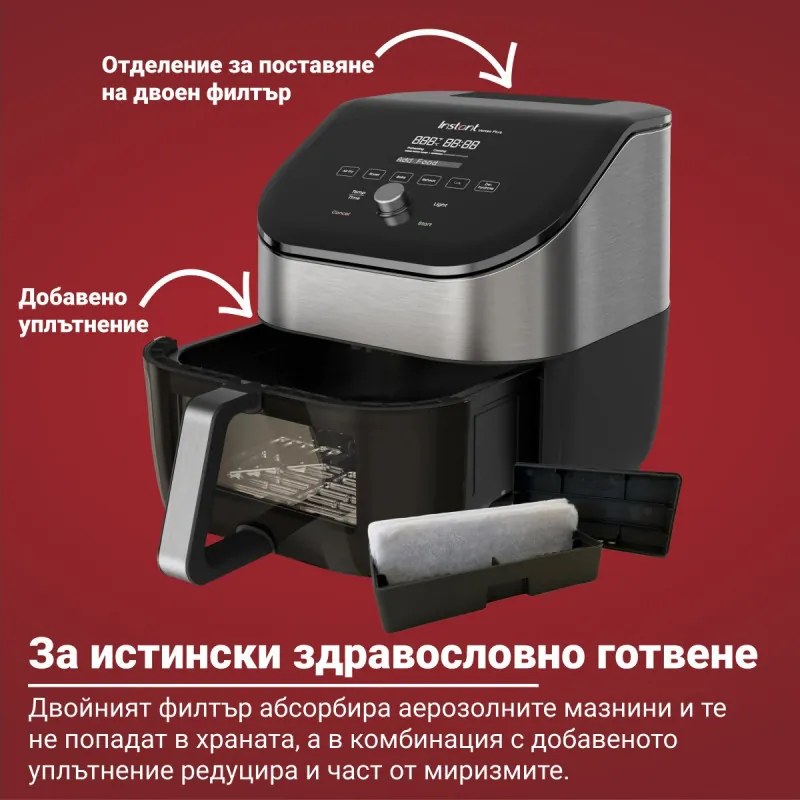 Instant Pot Vortex Plus Clearcook Hot Air Fryer 140319601, 1700W, 5.7L, 6 programe, 35-205C, iluminare interioară, alb