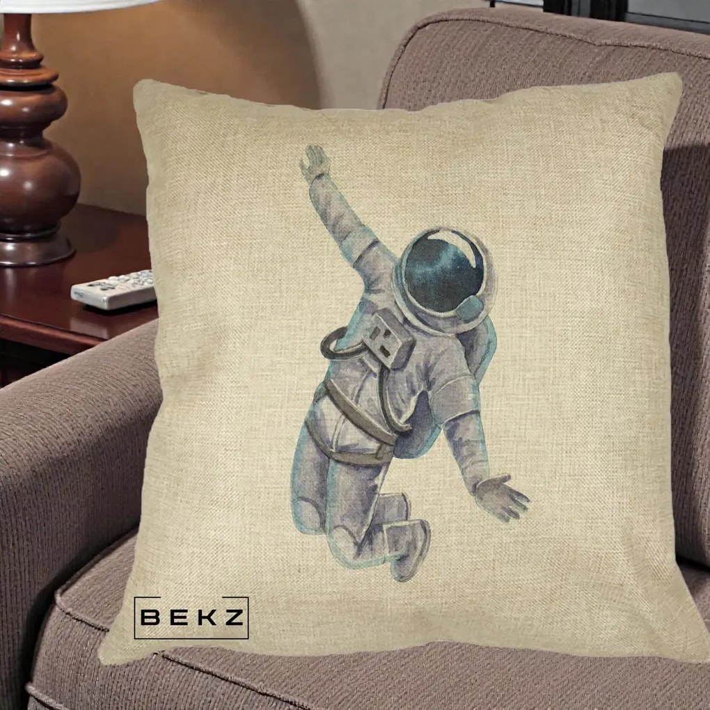 Perna Decorativa Astronaut Acuarela Zbor, 40x40 cm, Crem, Husa Detasabila, Perna Inclusa, BEKZ®