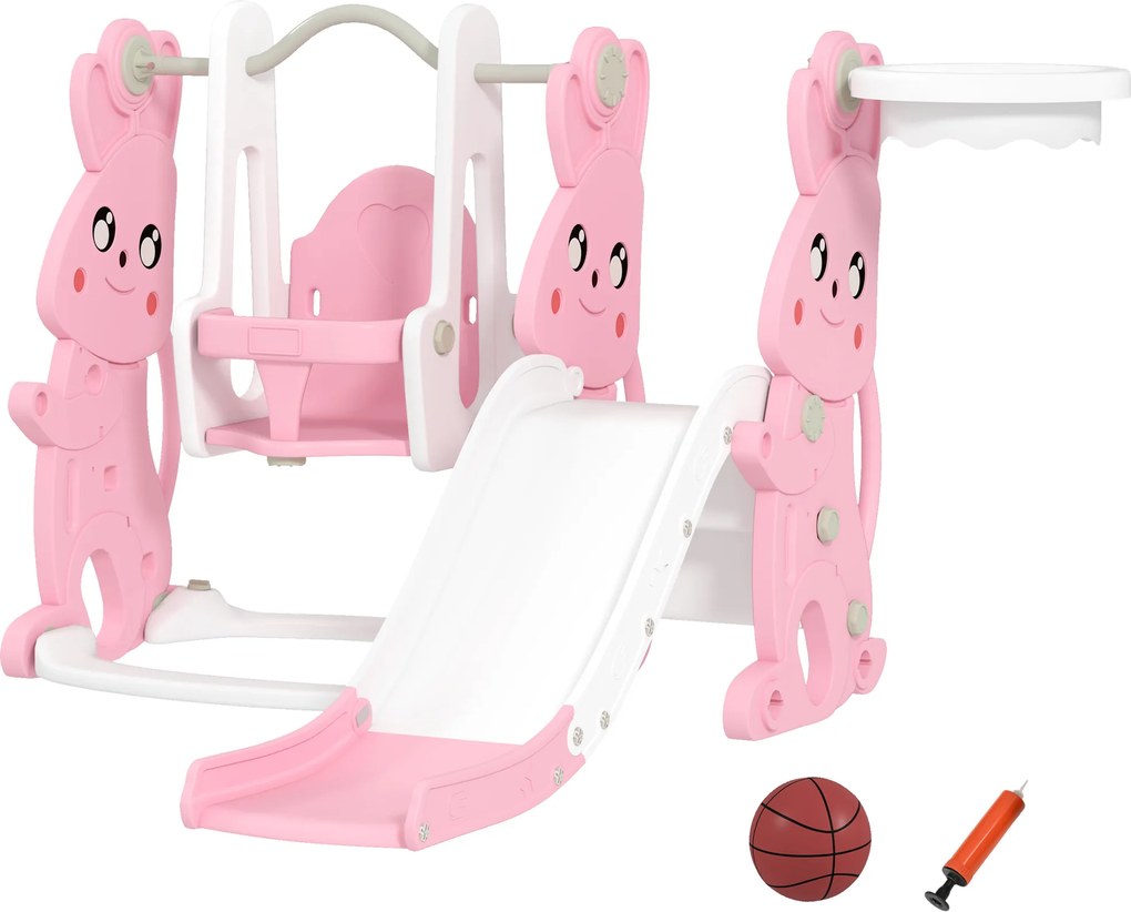 AIYAPLAY Tobogan și leagăn pentru copii 4 în 1 cu coș de baschet, tobogan, leagăn, 147,5x160x107cm, roz | Aosom Romania