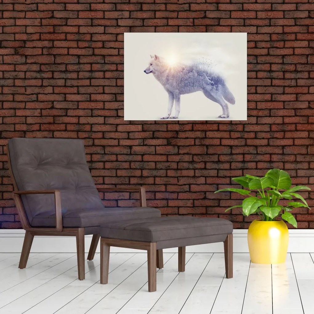 Tablou pe sticlă - Lupul arctic oglindit în peisaj sălbatic (70x50 cm)