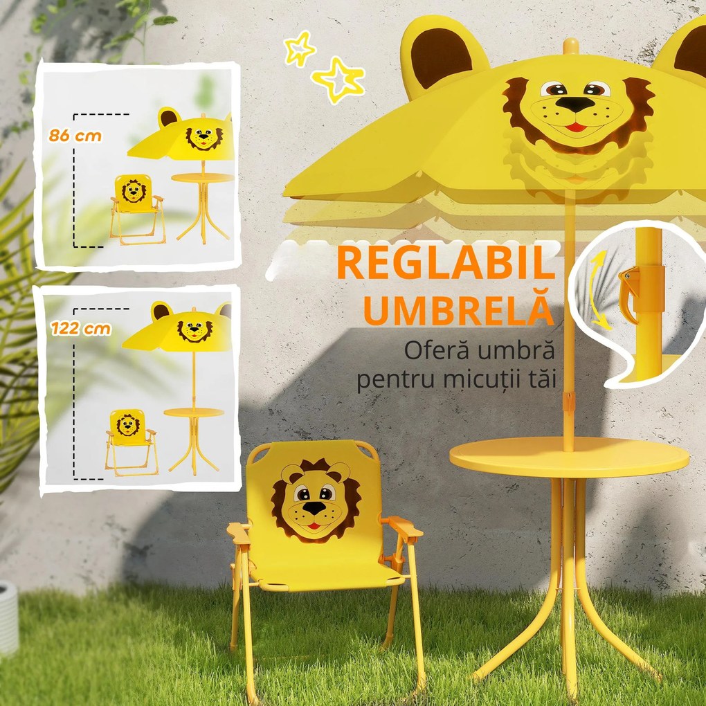 AIYAPLAY Mobilier de grădină pentru copii cu umbrelă de soare reglabilă, Set de picnic pentru copii cu 4 piese, Masă cu 2 scaune pliante, masă, Set de terasă cu model de leu pentru vârstele 2-5 ani, Galben | Aosom Romania