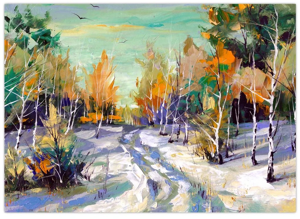 Tablou pe sticlă - Drum înzăpezit prin pădure (70x50 cm)