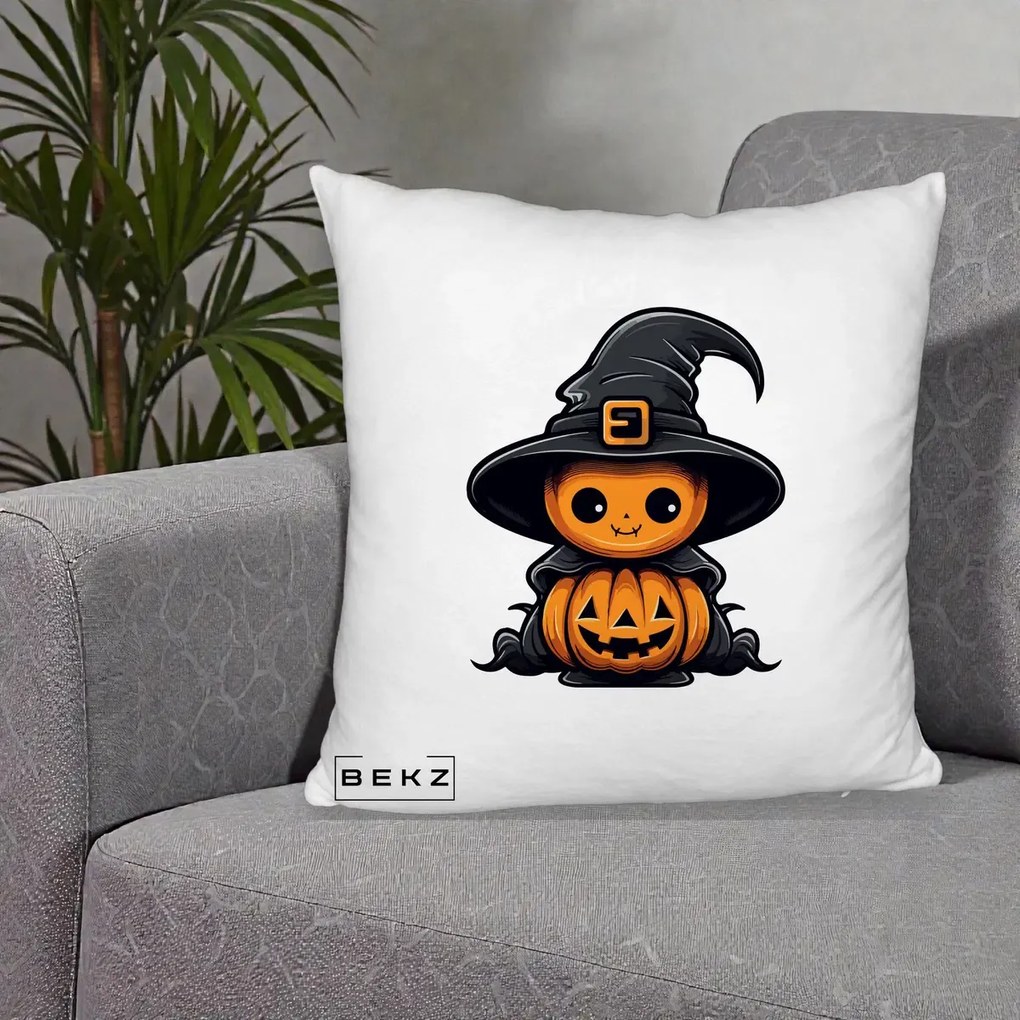 Perna Decorativa Halloween Dovleac Vrajitor Kawaii, 40x40 cm, Alb Pufos, Husa Detasabila, Perna Inclusa, BEKZ®