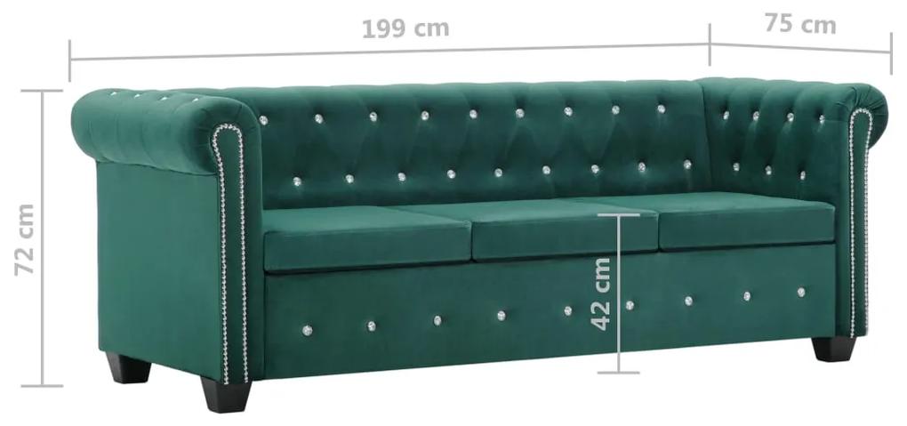 Canapea Chesterfield cu 3 locuri, catifea, 199x75x72 cm, verde Verde, Canapea cu 3 locuri