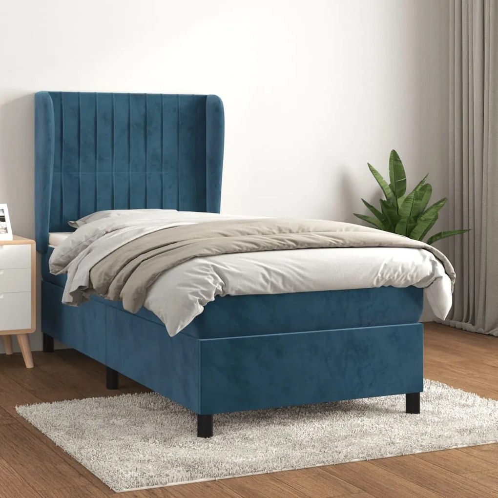 3129313 vidaXL Pat box spring cu saltea, albastru închis, 90x200 cm, catifea