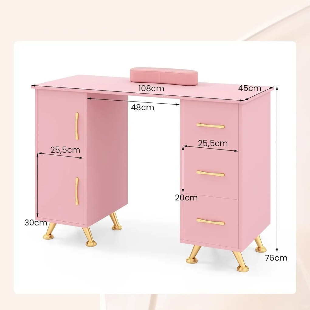MANIA3 - Masuta manichiura, 108 cm, masa cosmetica cu pernita - Alb / Negru / Roz - Auriu