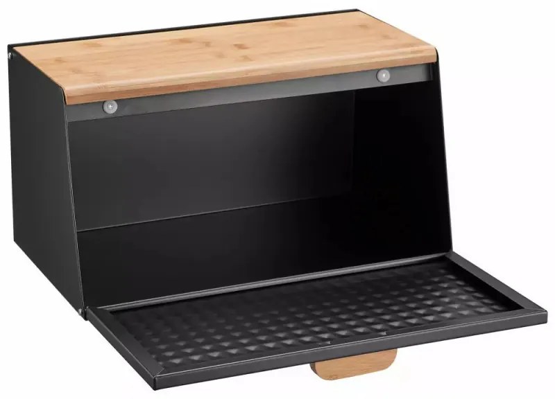 Cutie pentru paine Klausberg KB 7467, 35.5 cm, Otel, Bambus, Capac superior si frontal, Negru/Maro