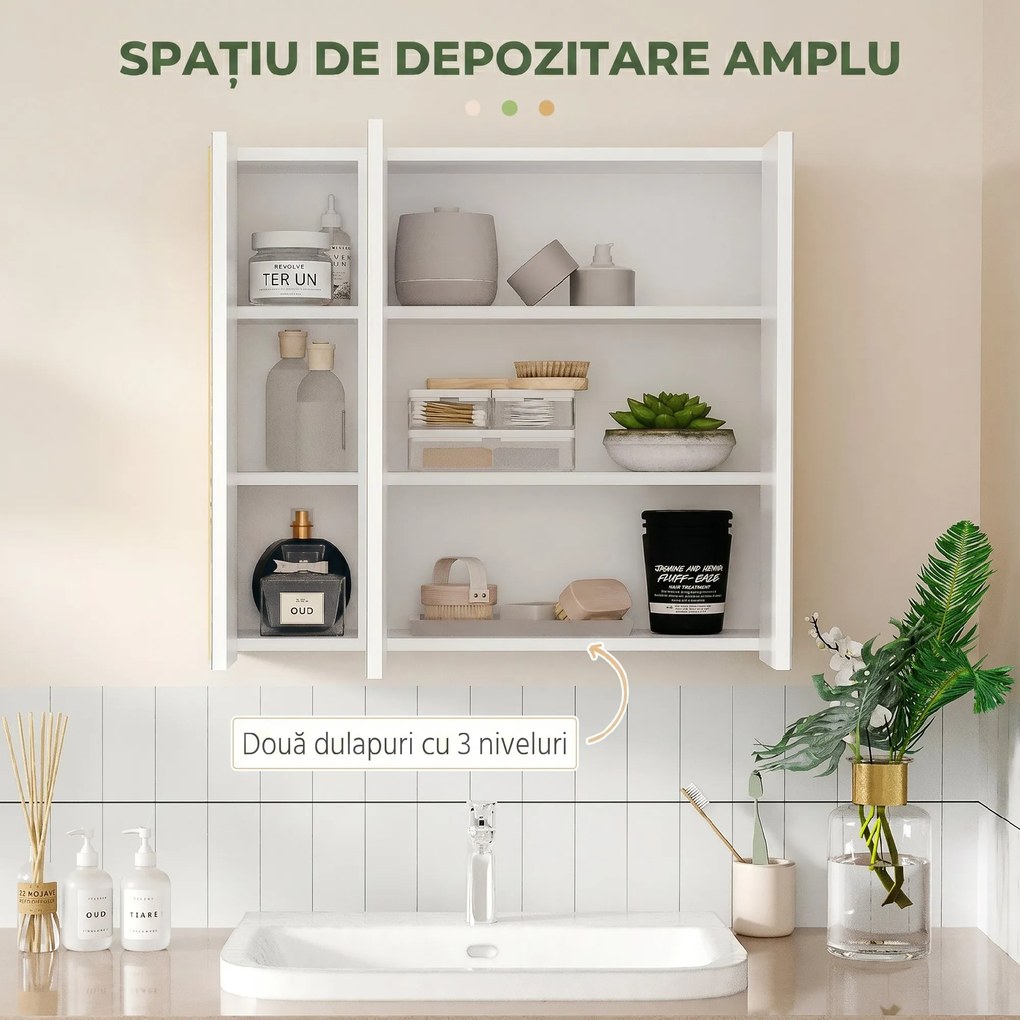 Dulap pentru medicamente montat pe perete, dulap cu oglinda pentru baie cu 3 usi si rafturi de depozitare reglabile, alb Kleankin | Aosom Romania