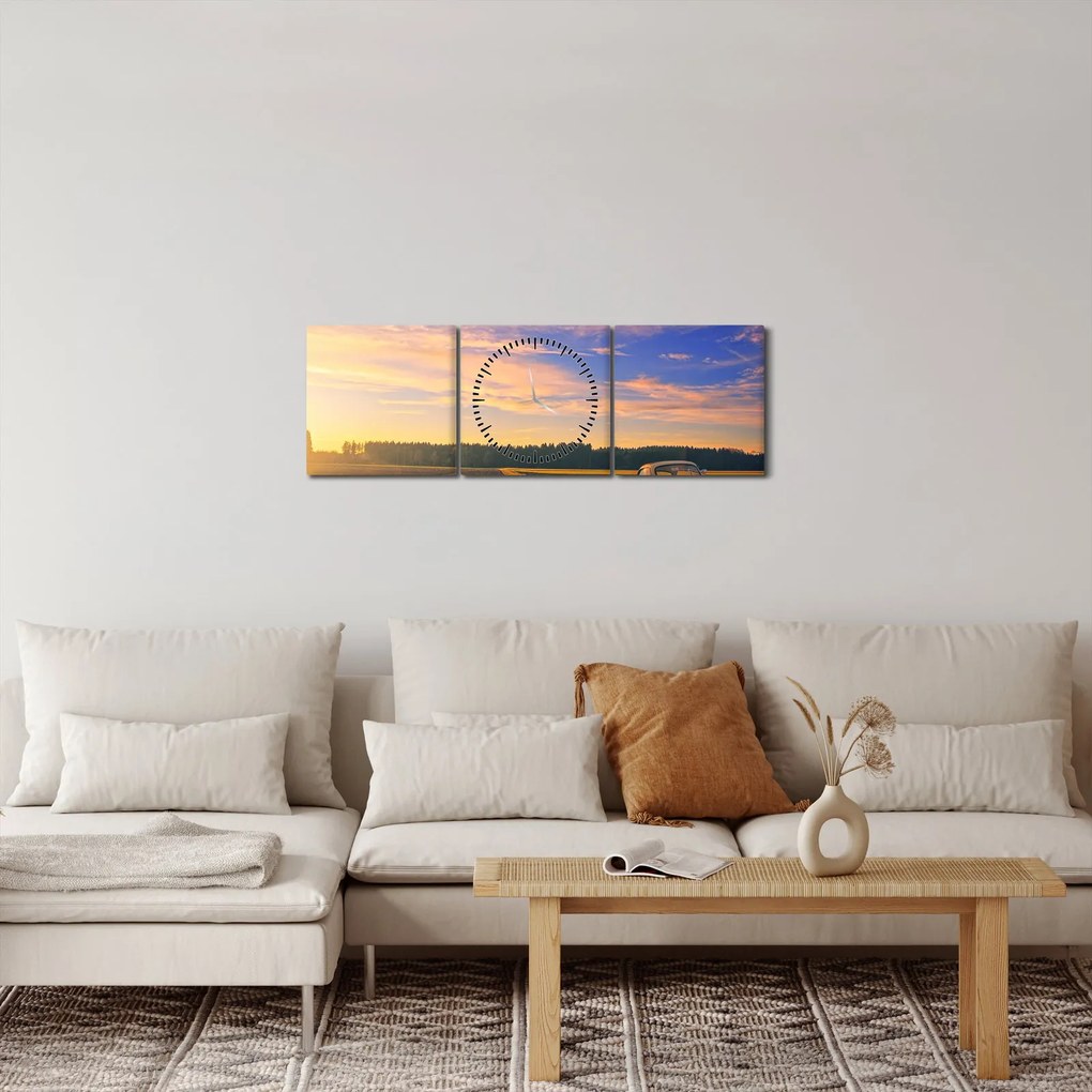 Tablou - Mașină galbenă ăn câmp (cu ceas) (90x30 cm)