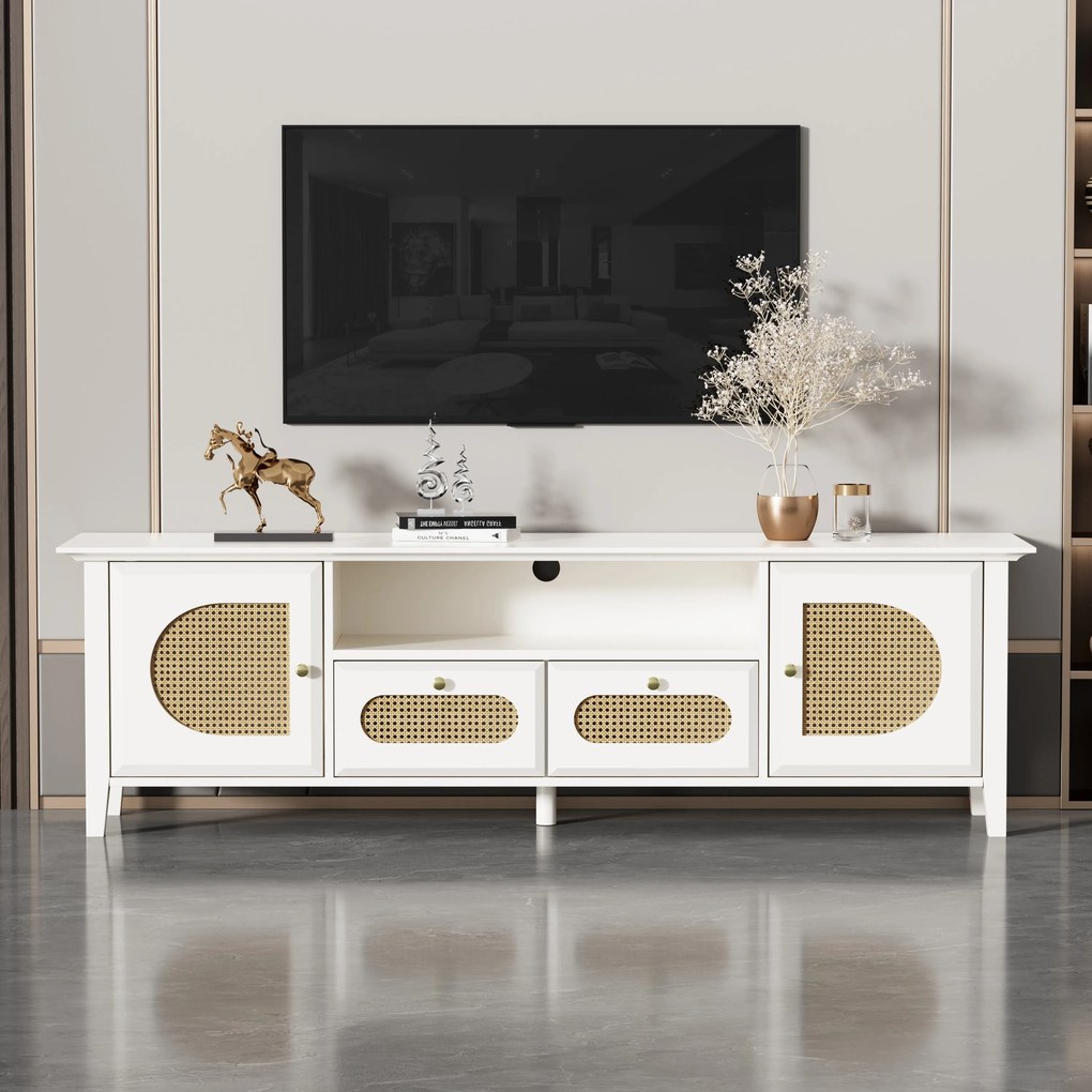 Mobilierul TV din Rattan Curbat cu Uși Pictate și Compartimente Deschise, 160x38x50 cm, Alb