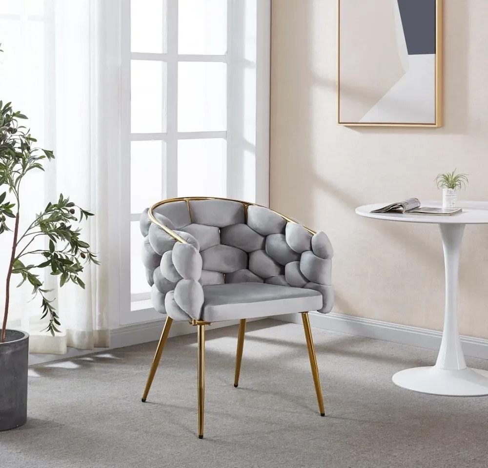 Scaun dining, tapiterie catifea, cadru metalic auriu, Gri Deschis