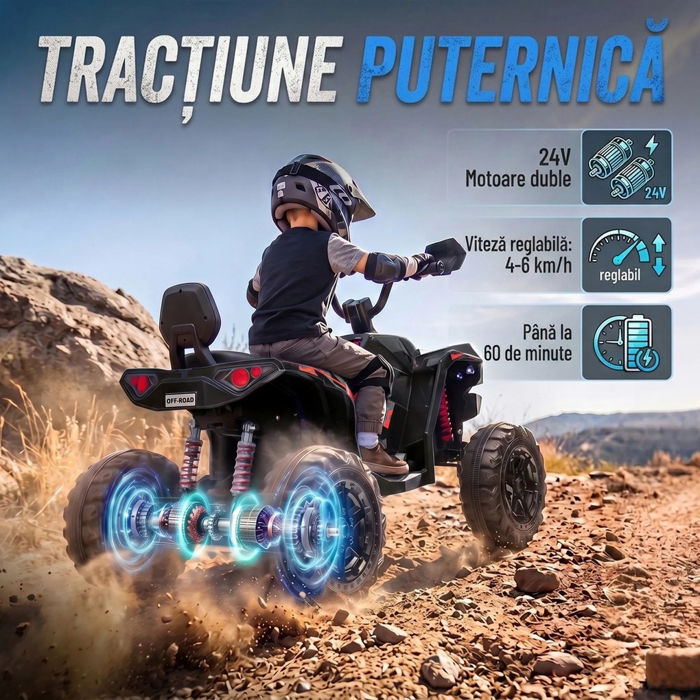 AIYAPLAY ATV electric pentru copii 24V, 2 locuri, baterie litiu, 2 motoare 120W, suspensii, muzică, faruri, negru | Aosom Romania