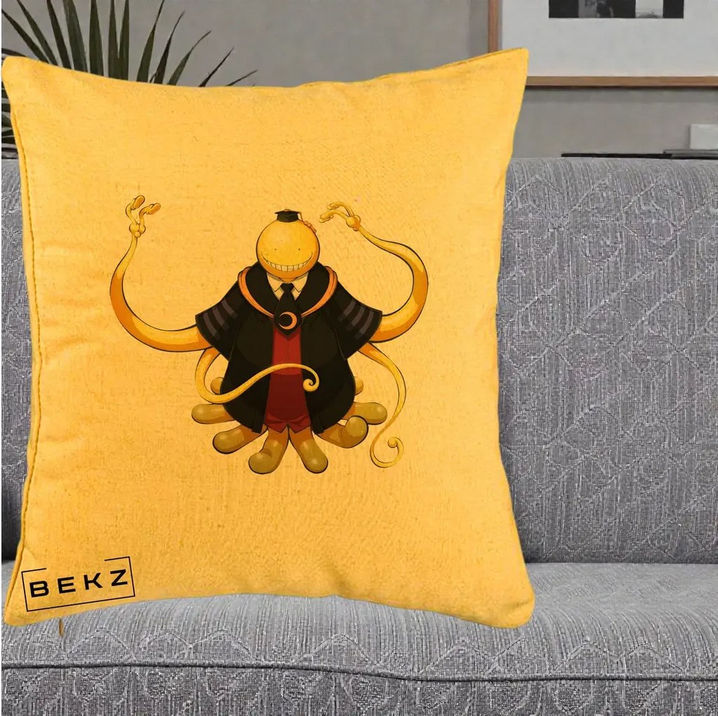 Perna Personalizata Assassination Classroom Koro-sensei, 40x40 cm, Galben, Husa Detasabila, Perna Inclusa, BEKZ®