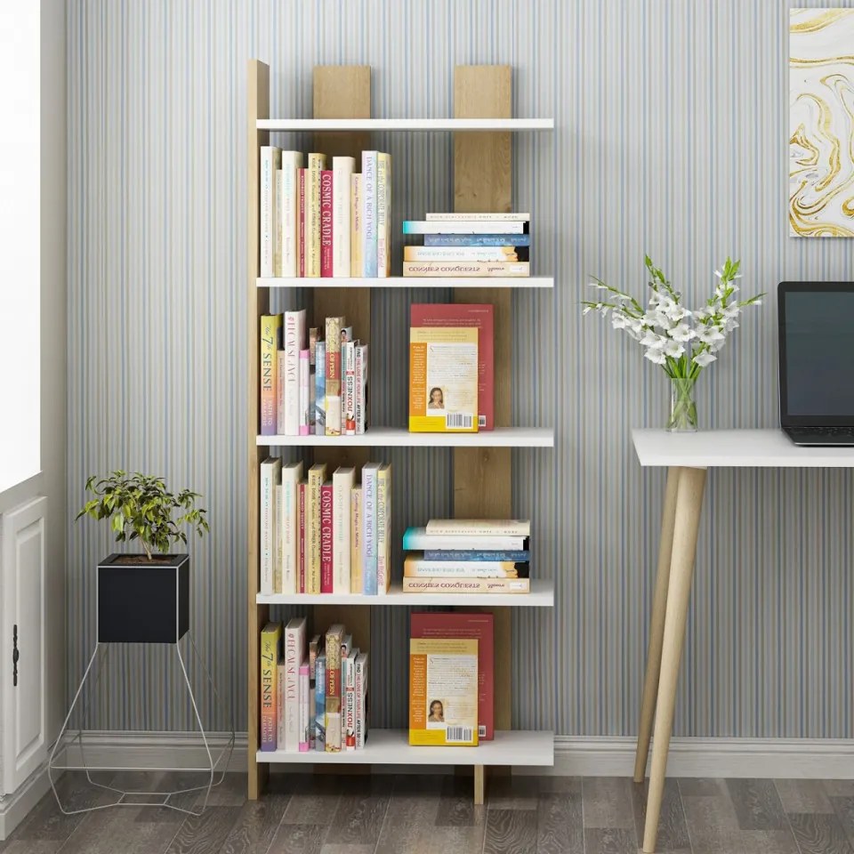 Biblioteca Living Elas, Alb / Stejar