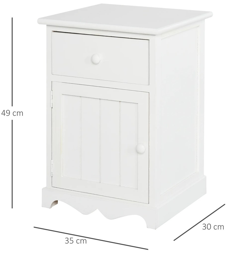 HOMCOM Set Noptiera cu 2 piese din Lemn cu Sertar si Dulap Design Retrò, 35x30x49cm Culoarea Alba | AOSOM.ro