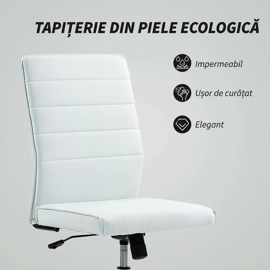 HOMCOM Scaun de Birou Ergonomic și Reglabil cu Spătar Curbat, din Piele PU și Oțel, 58x53x97-107 cm, Alb | Aosom Romania